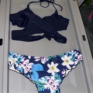 Women's size XL Blue Floral Print wrap Halter style Bikini Navy